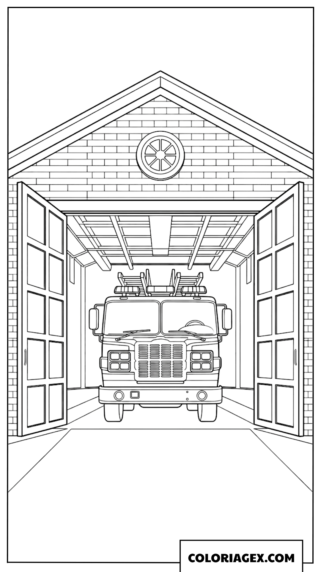 Coloriage camion de pompiers dans le garage
