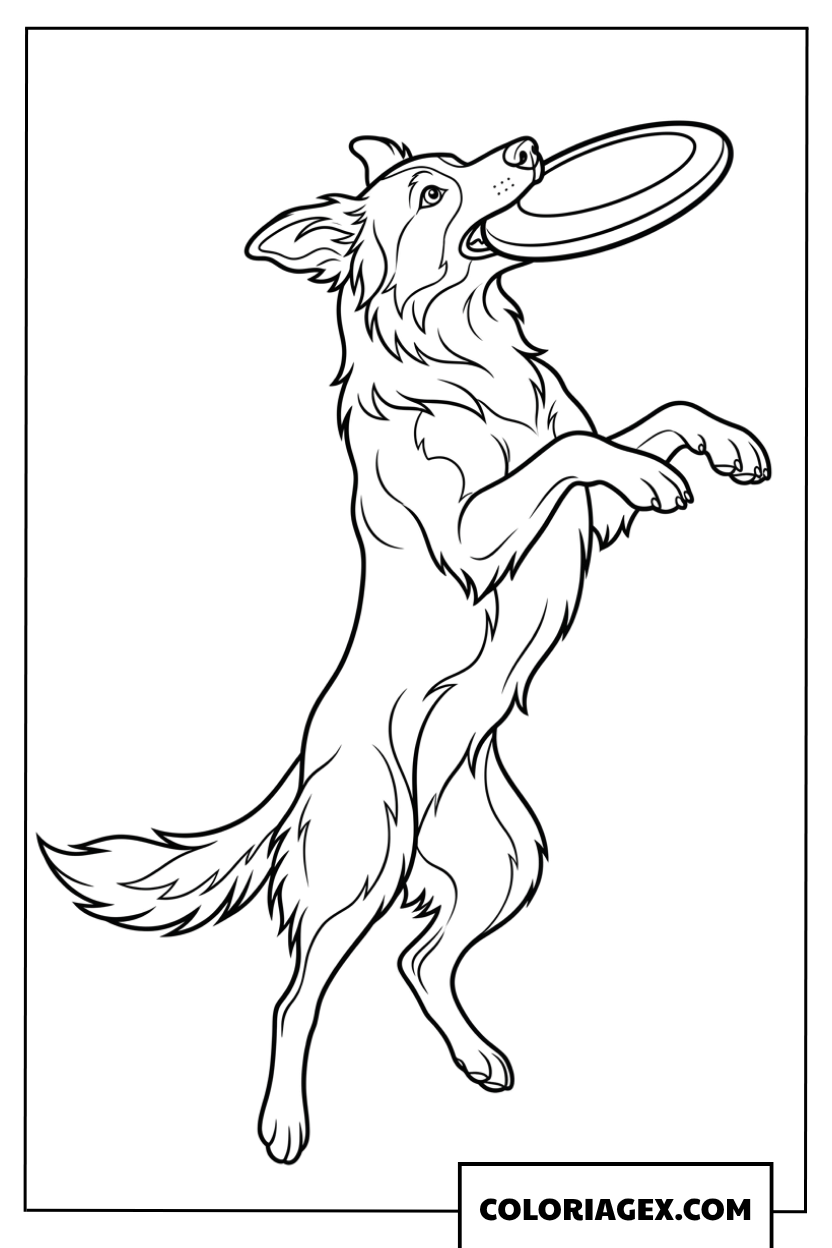 Coloriage chien dynamique attrapant un frisbee