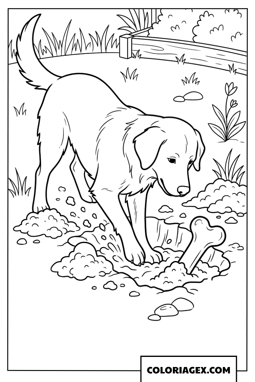Coloriage chien espiègle creusant dans le jardin