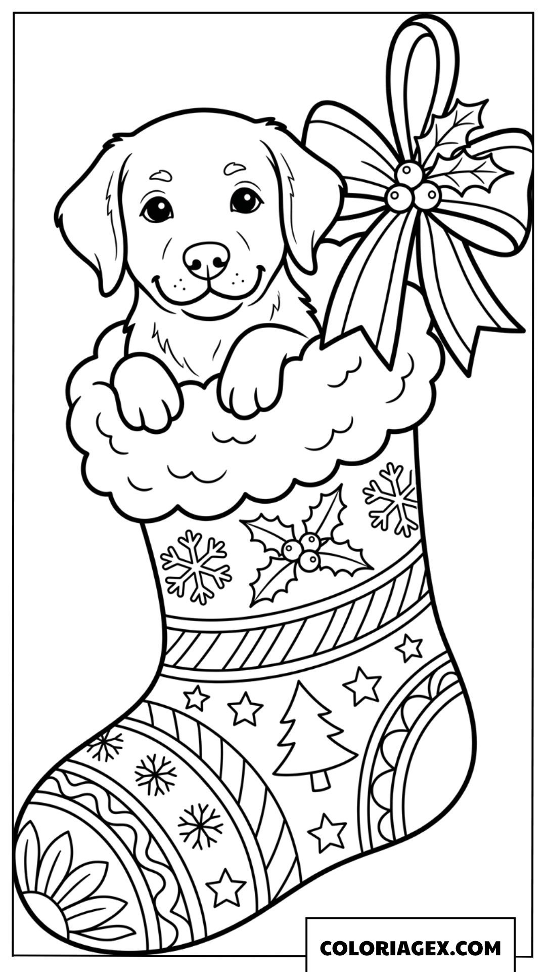 Coloriage chiot assis dans une chaussette de Noel