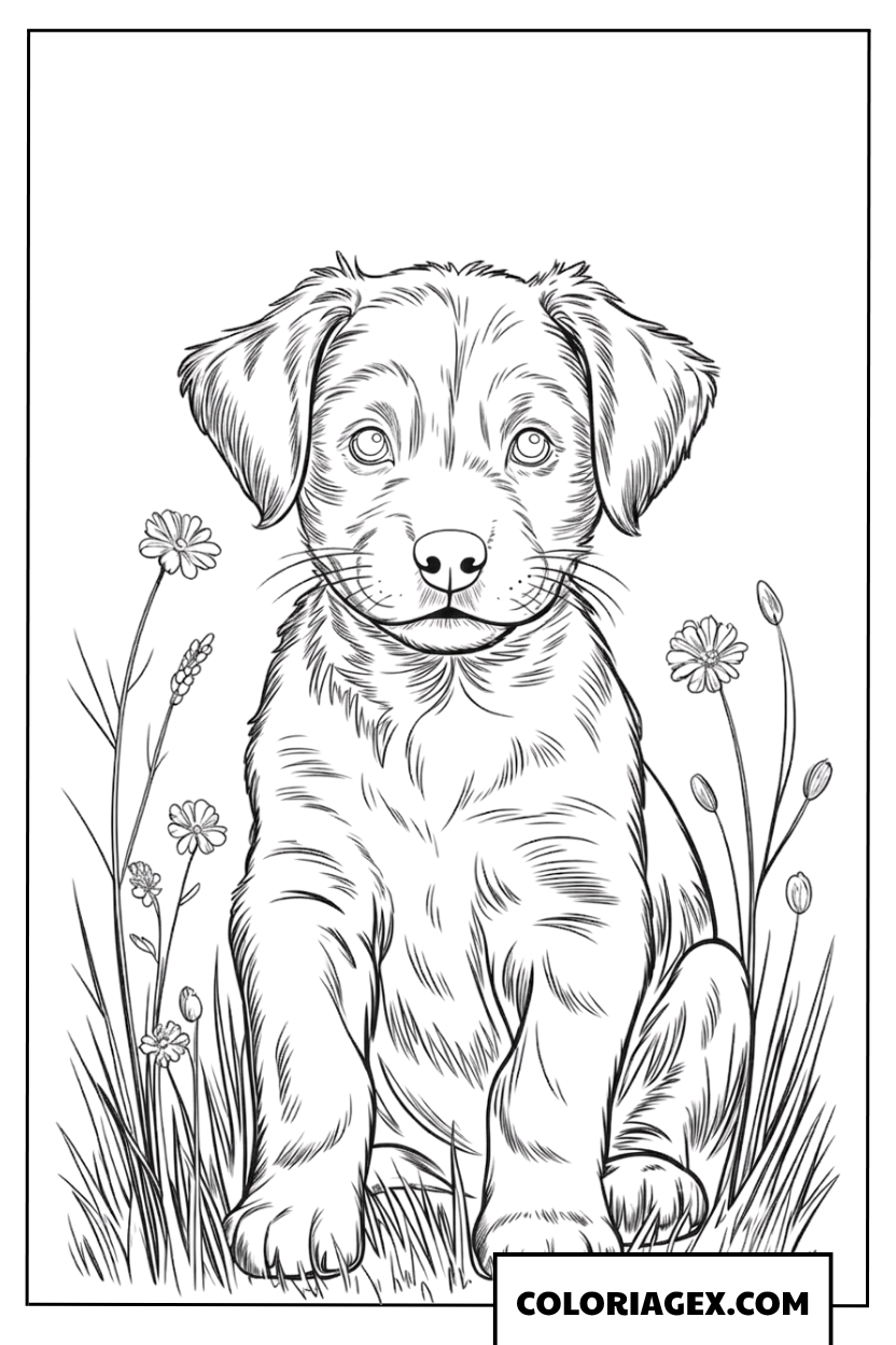 Coloriage chiot assis parmi les fleurs sauvages