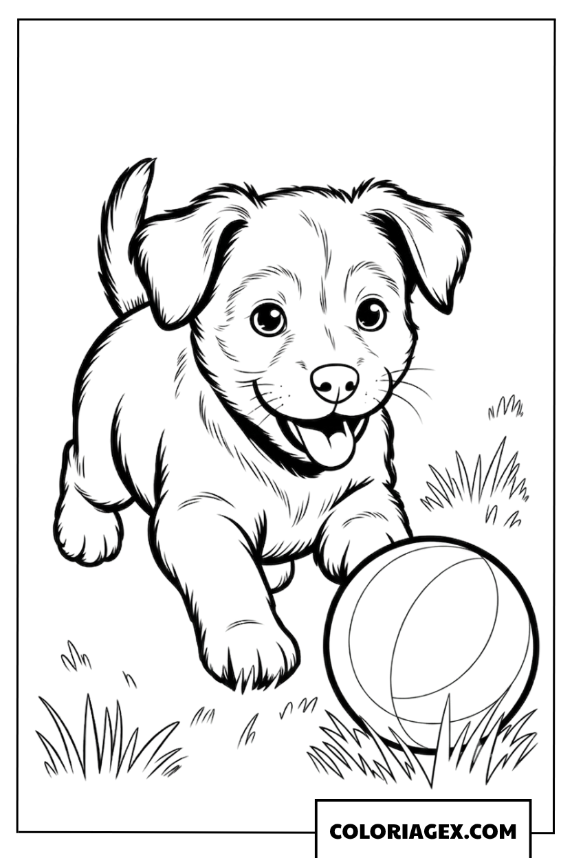 Coloriage chiot dynamique qui joue avec son ballon