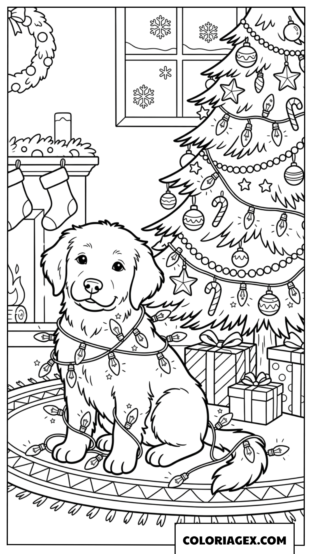 Coloriage chiot espiègle emmêle dans des guirlandes