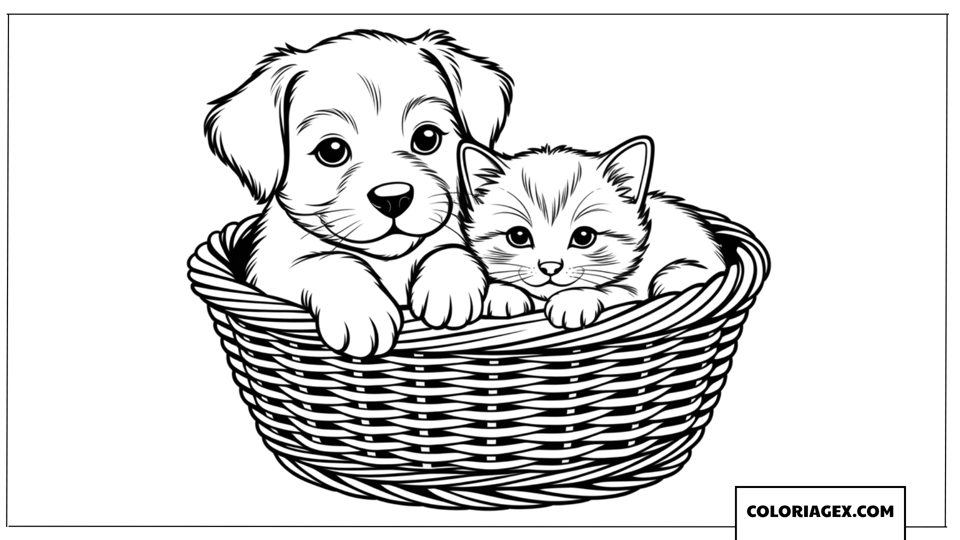 Coloriage chiot et chaton adorables dans un panier en osier