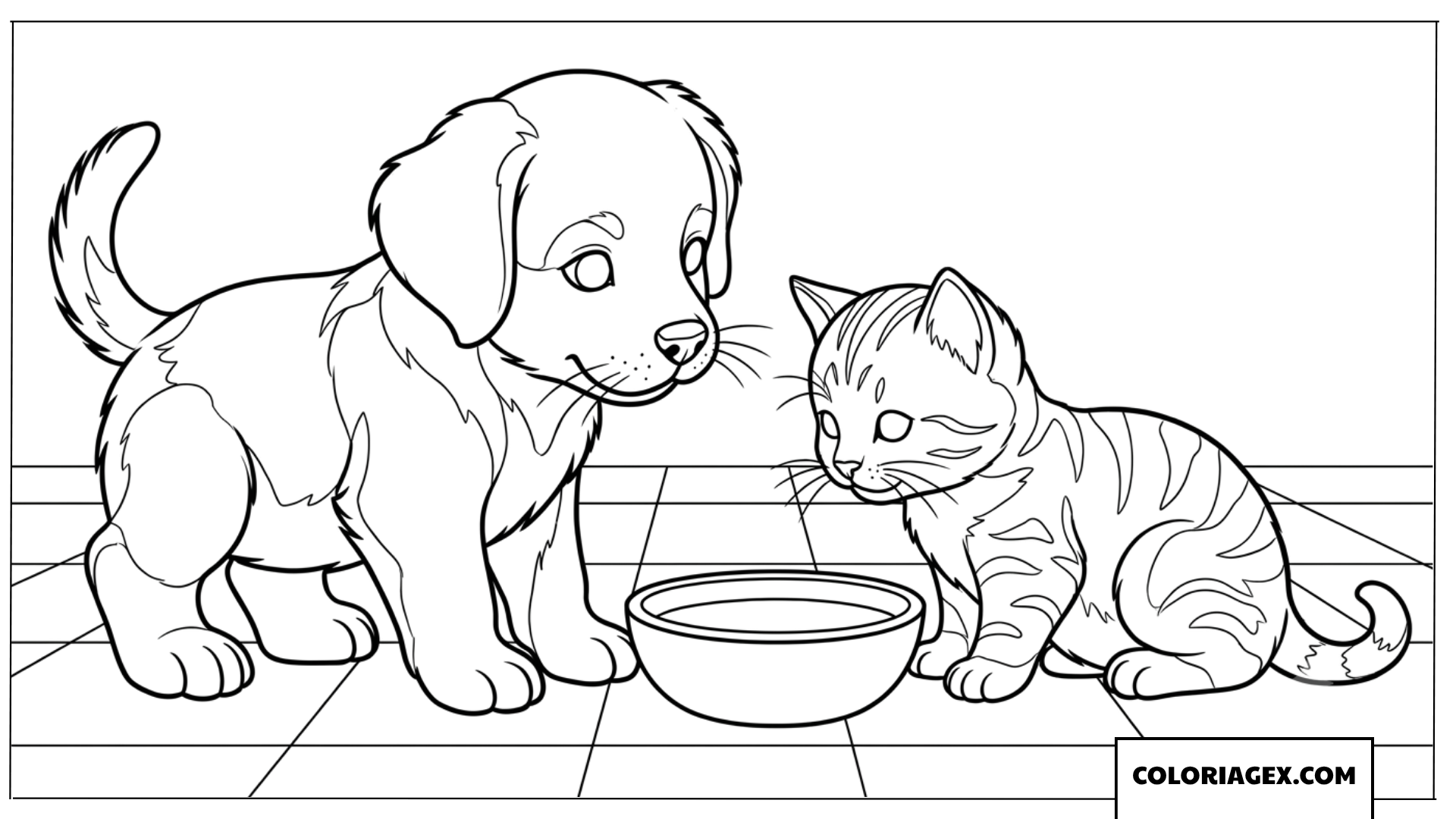 Coloriage chiot et chaton autour d un bol de lait