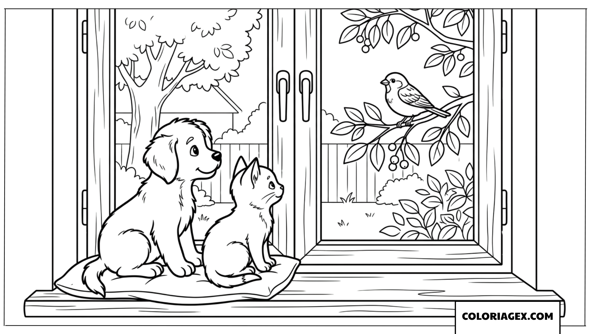 Coloriage chiot et chaton regardant un oiseau à la fenêtre
