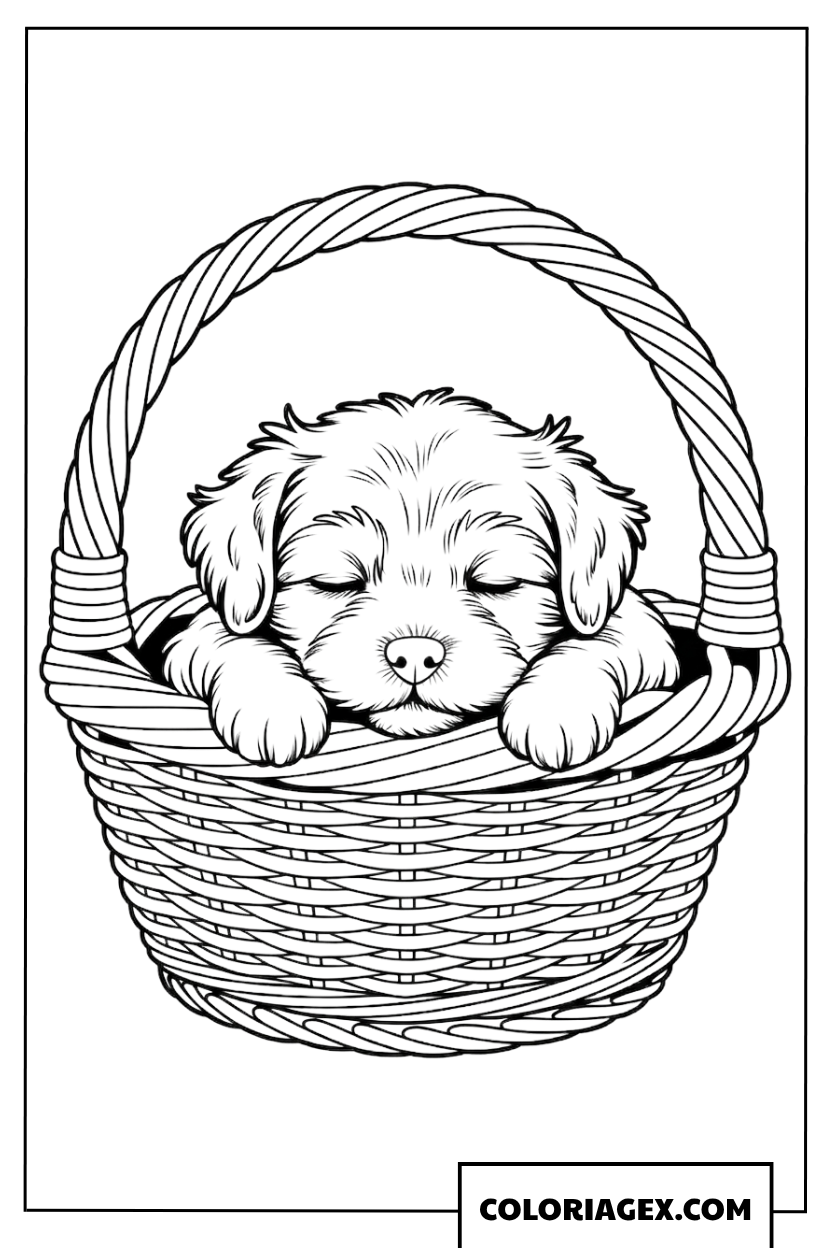 Coloriage chiot qui fait la sieste dans un panier