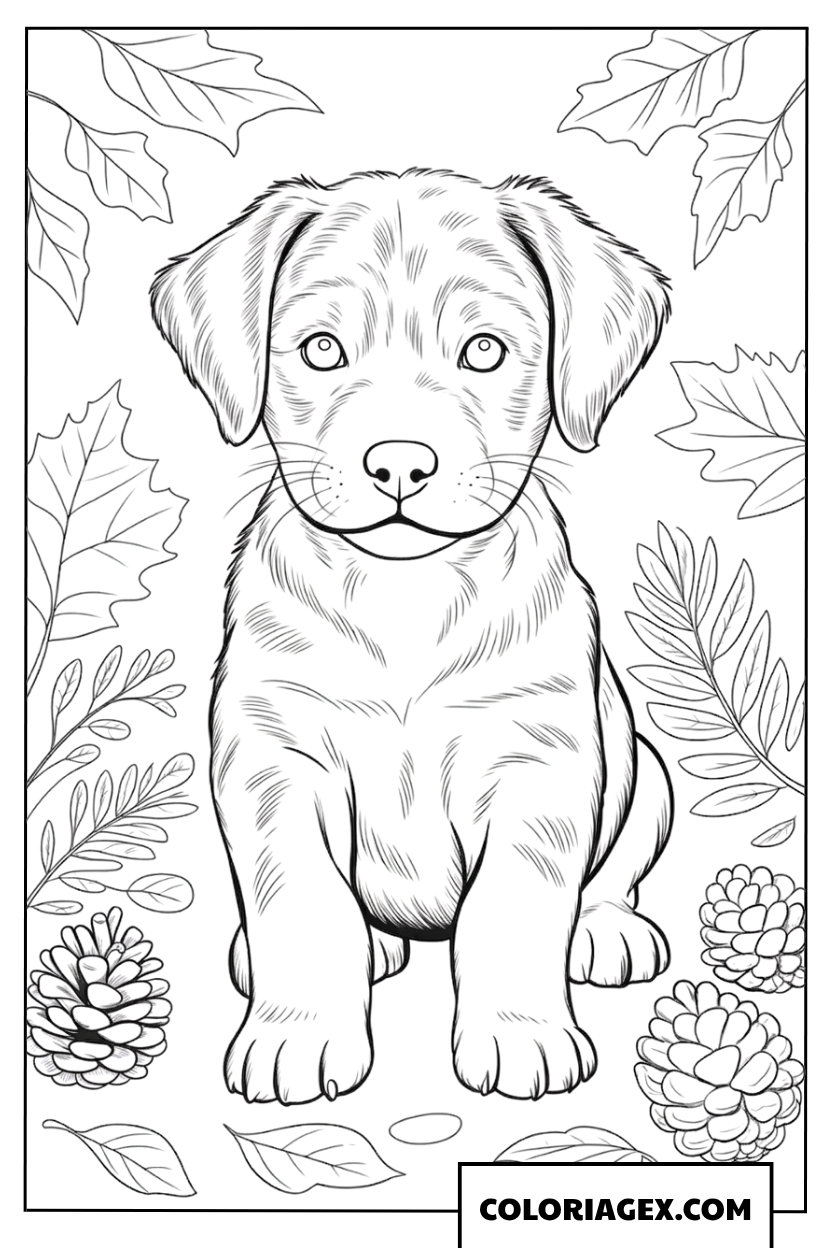 Coloriage chiot réaliste avec feuilles d'automne et pommes de pin