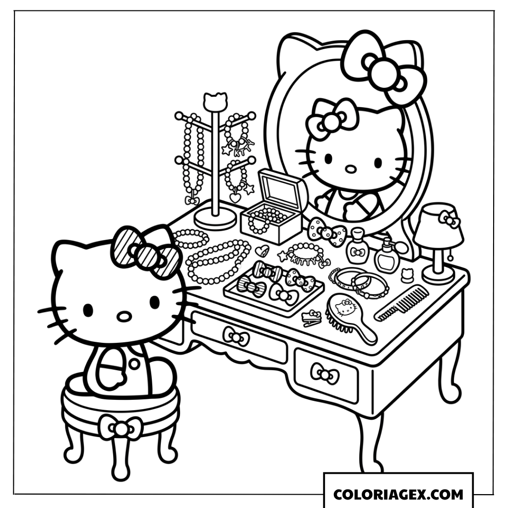 Coloriage coiffeuse et bijoux Hello Kitty