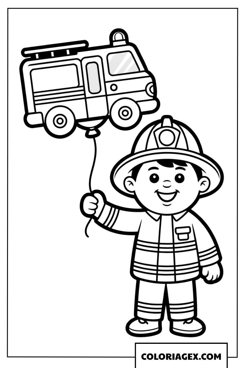Coloriage coloriage petit pompier avec ballon camion de pompiers