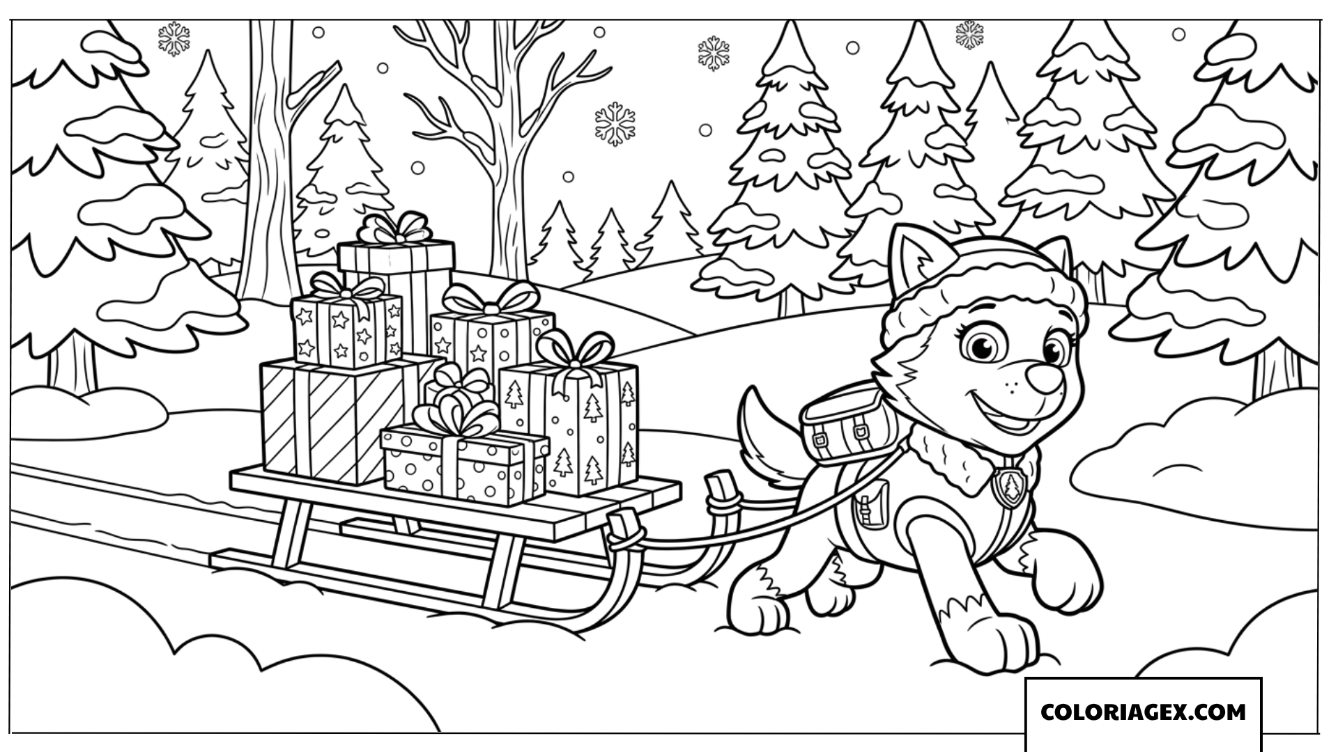 Coloriage d Everest tirant un traîneau de Noël