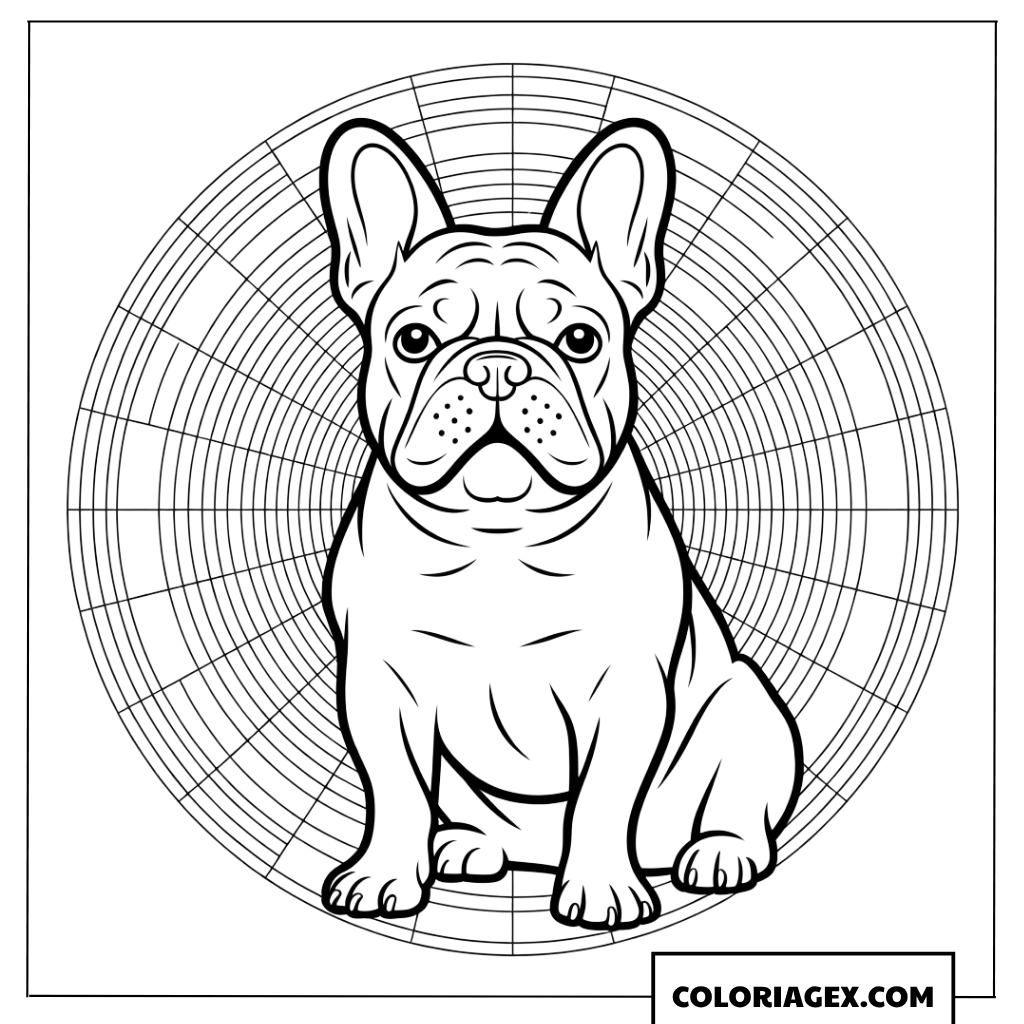 Coloriage d un Bouledogue Francais assis au milieu de motifs mandala