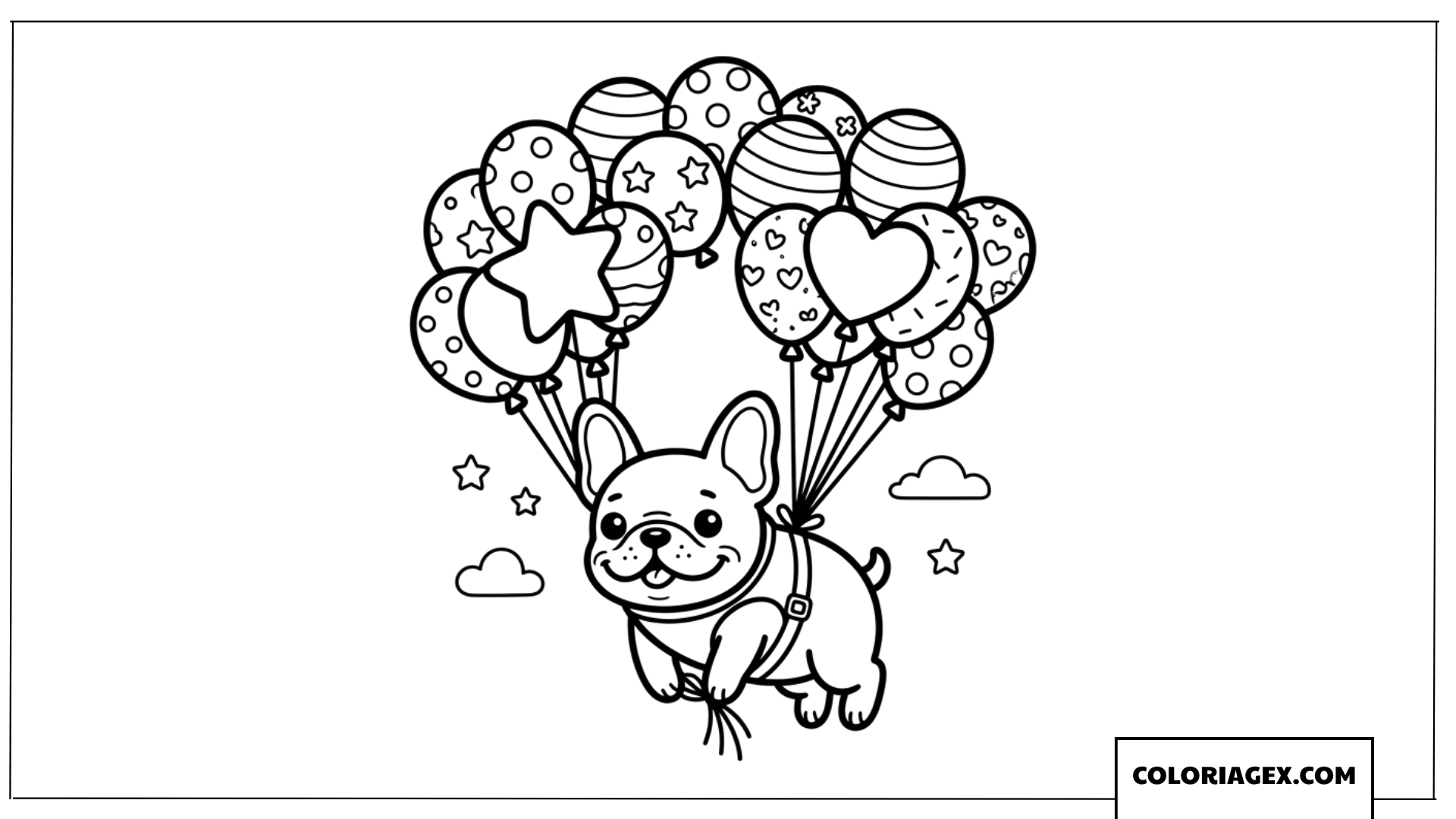 Coloriage d un Bouledogue Français mignon volant avec des ballons