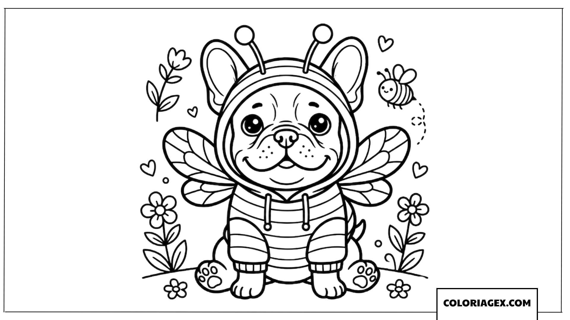 Coloriage d un adorable Bouledogue Français deguise en abeille