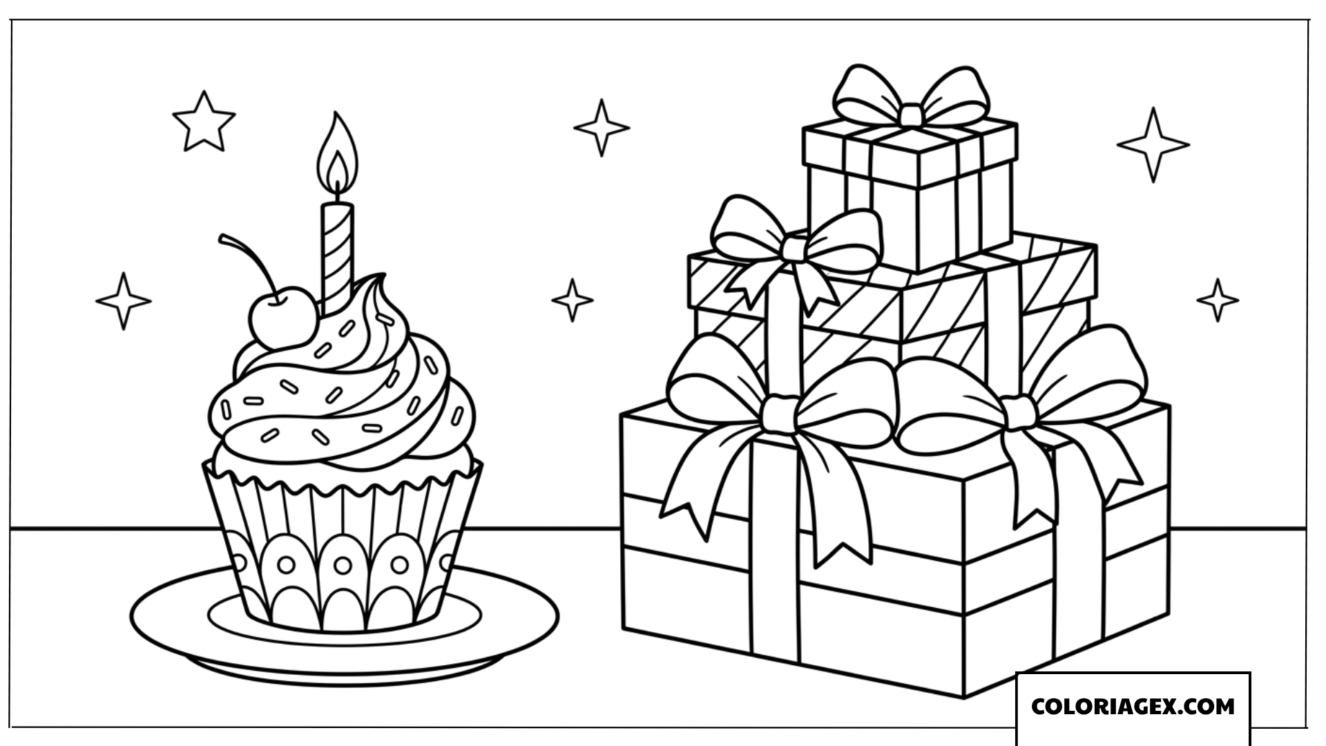 Coloriage d un anniversaire festif avec cupcake et cadeaux