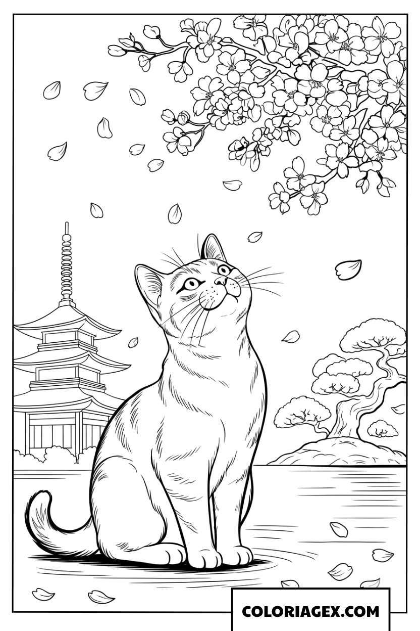 Coloriage d un chat admirant les fleurs qui tombent
