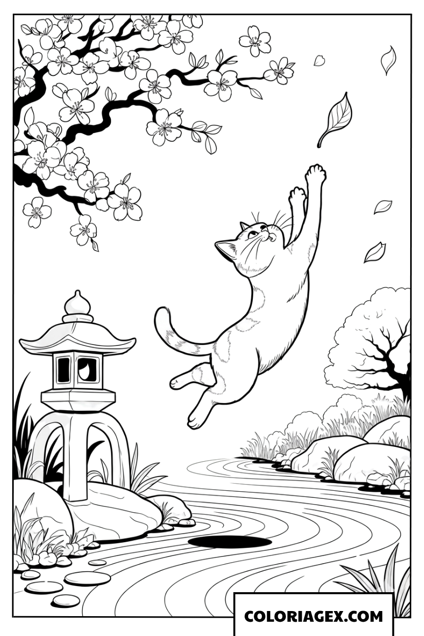 Coloriage d un chat joueur sautant sous les fleurs