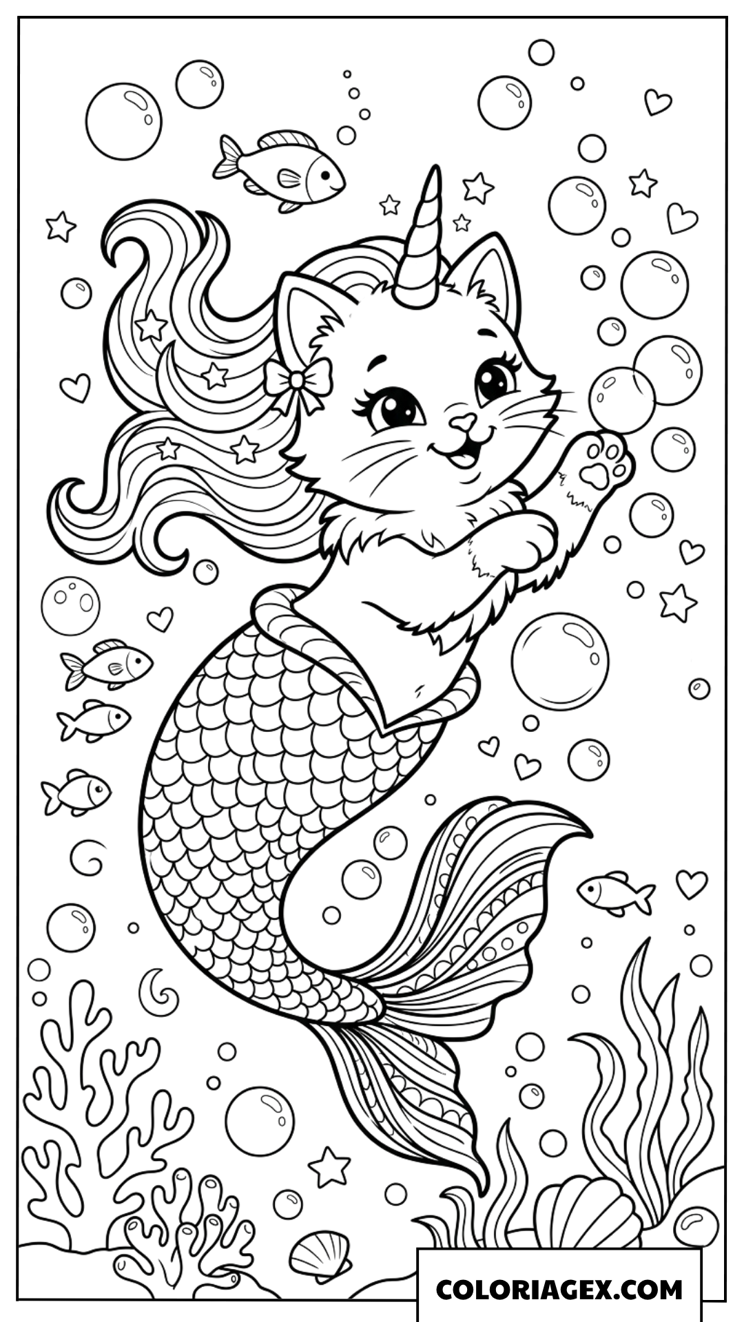 Coloriage d un chat licorne sirene jouant avec des bulles d eau