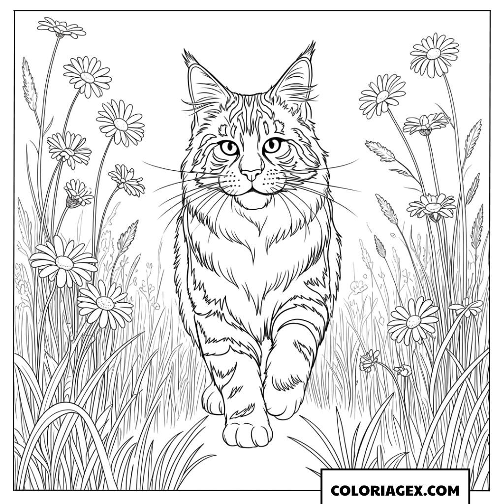 Coloriage d un chat majestueux marchant dans les fleurs