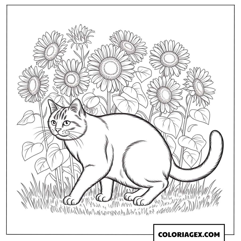 Coloriage d un chat observant pres des tournesols