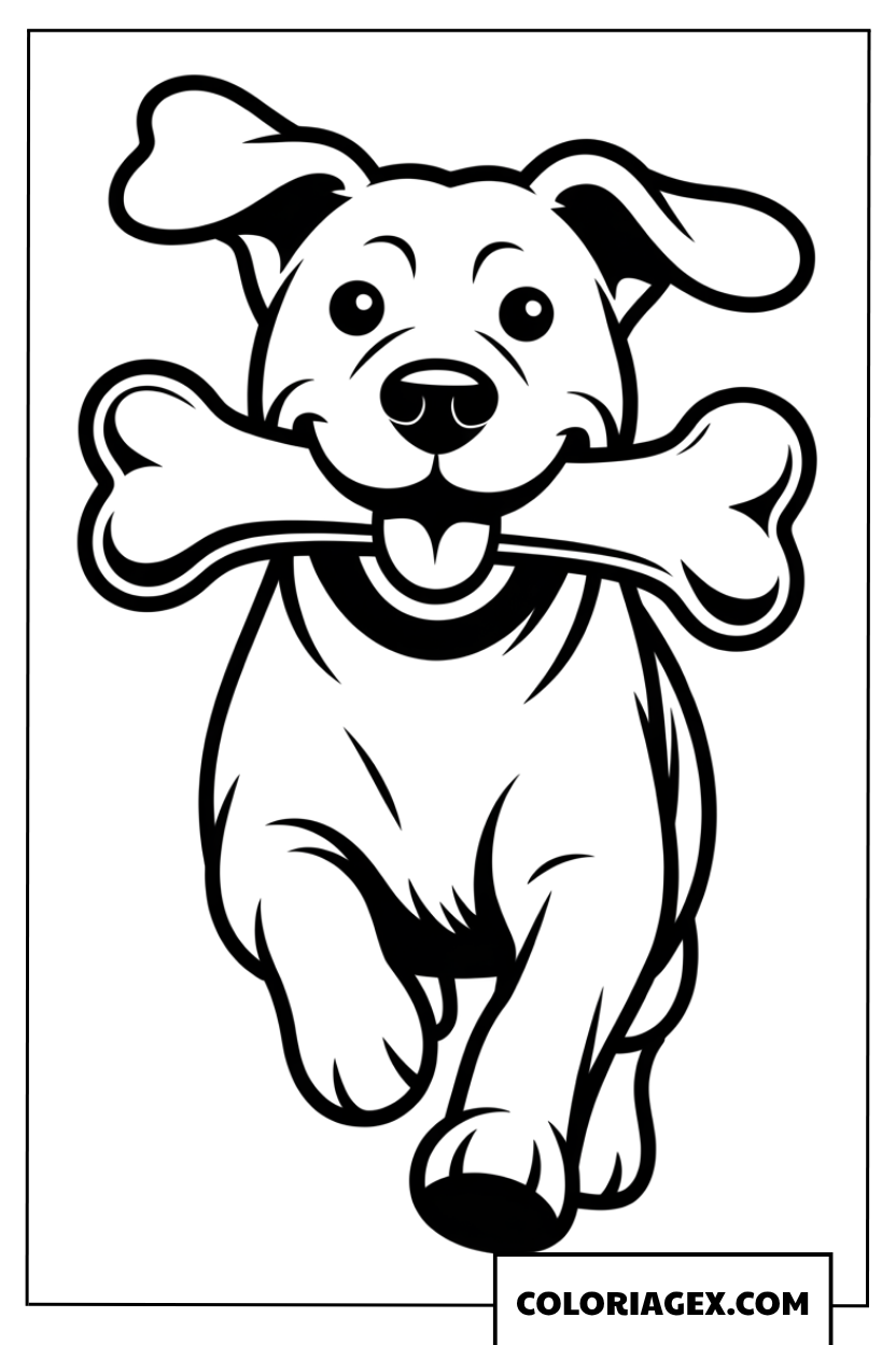 Coloriage d un chien heureux courant avec un os