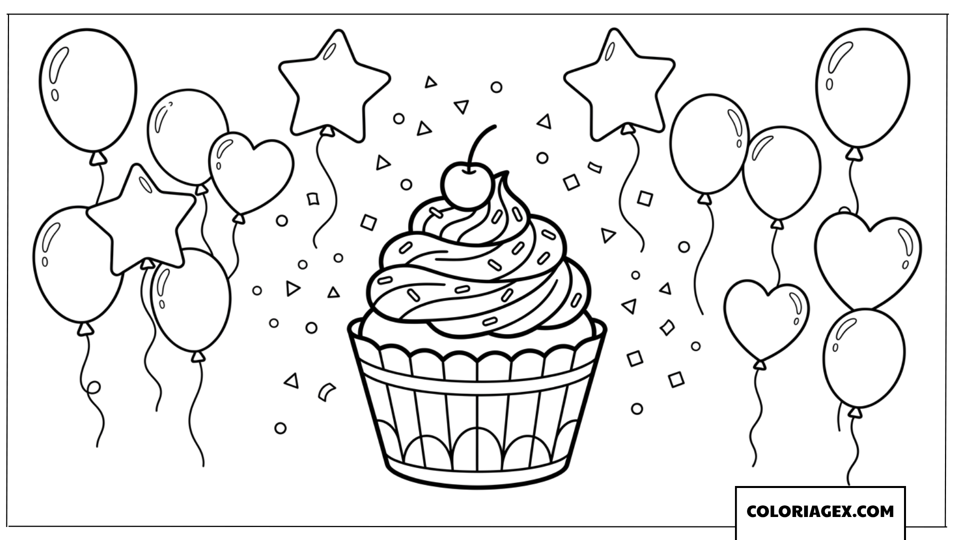 Coloriage d un cupcake entouré de ballons de fete