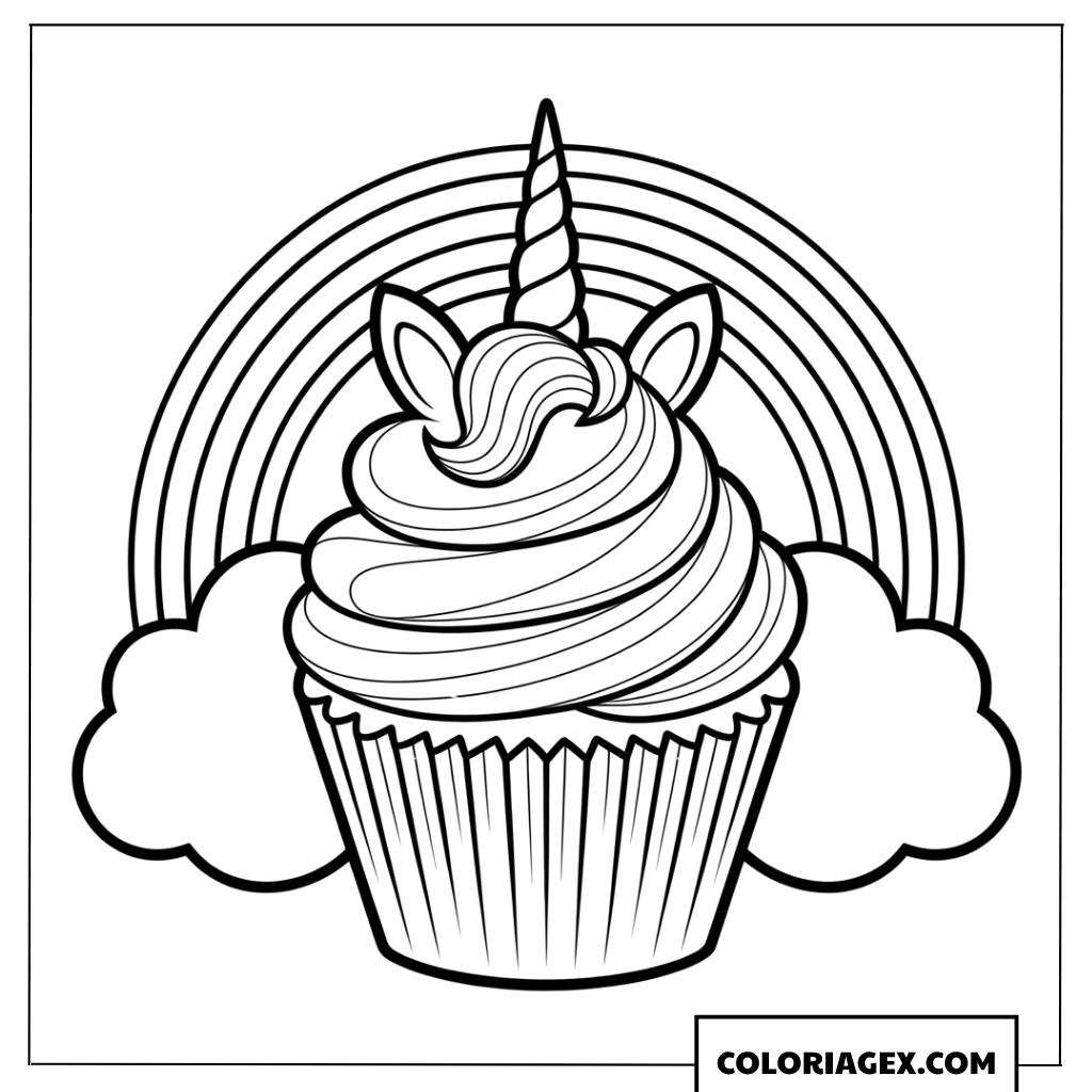 Coloriage d un cupcake licorne avec un bel arc en ciel