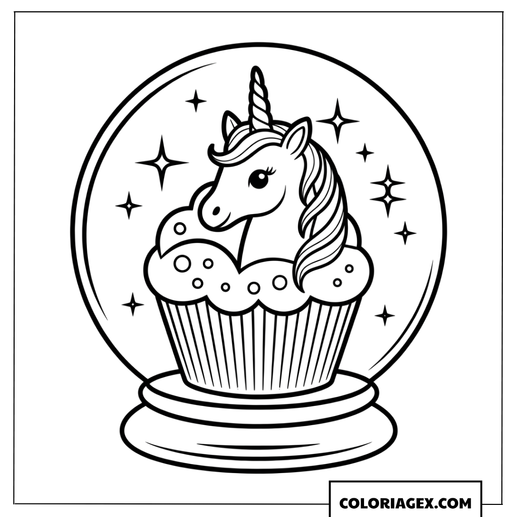 Coloriage d un cupcake licorne dans une boule magique