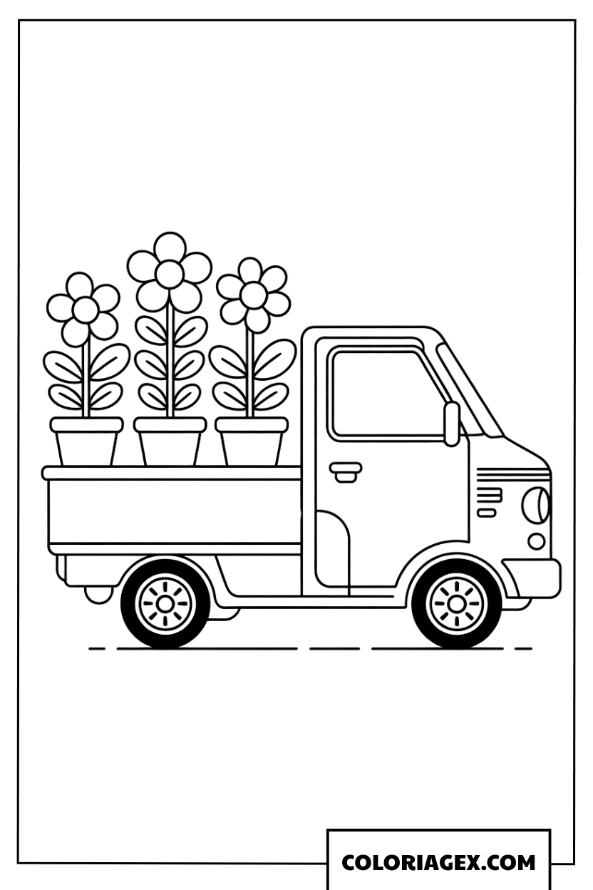 Coloriage d un petit camion rempli de jolies fleurs