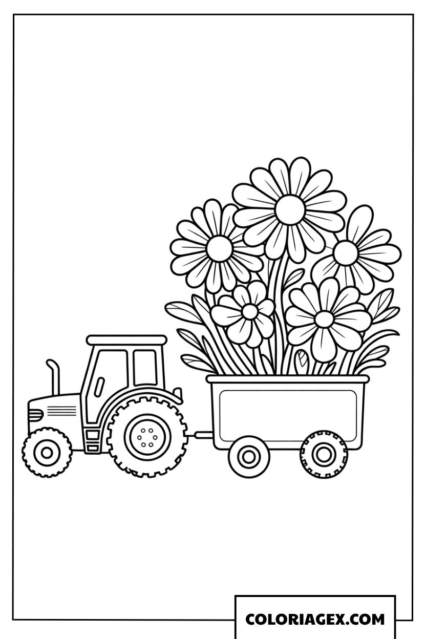 Coloriage d un tracteur tirant un grand bac de fleurs