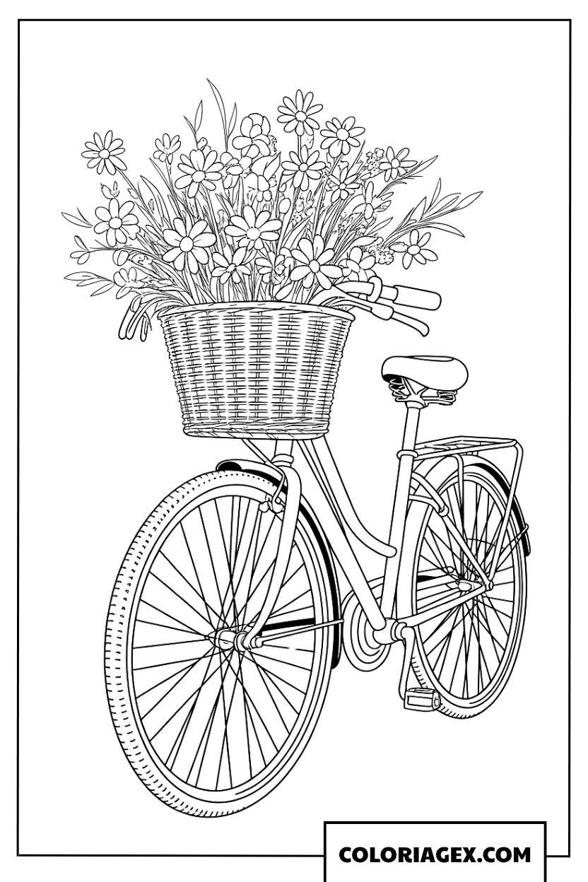 Coloriage d un vélo avec un joli panier de fleurs