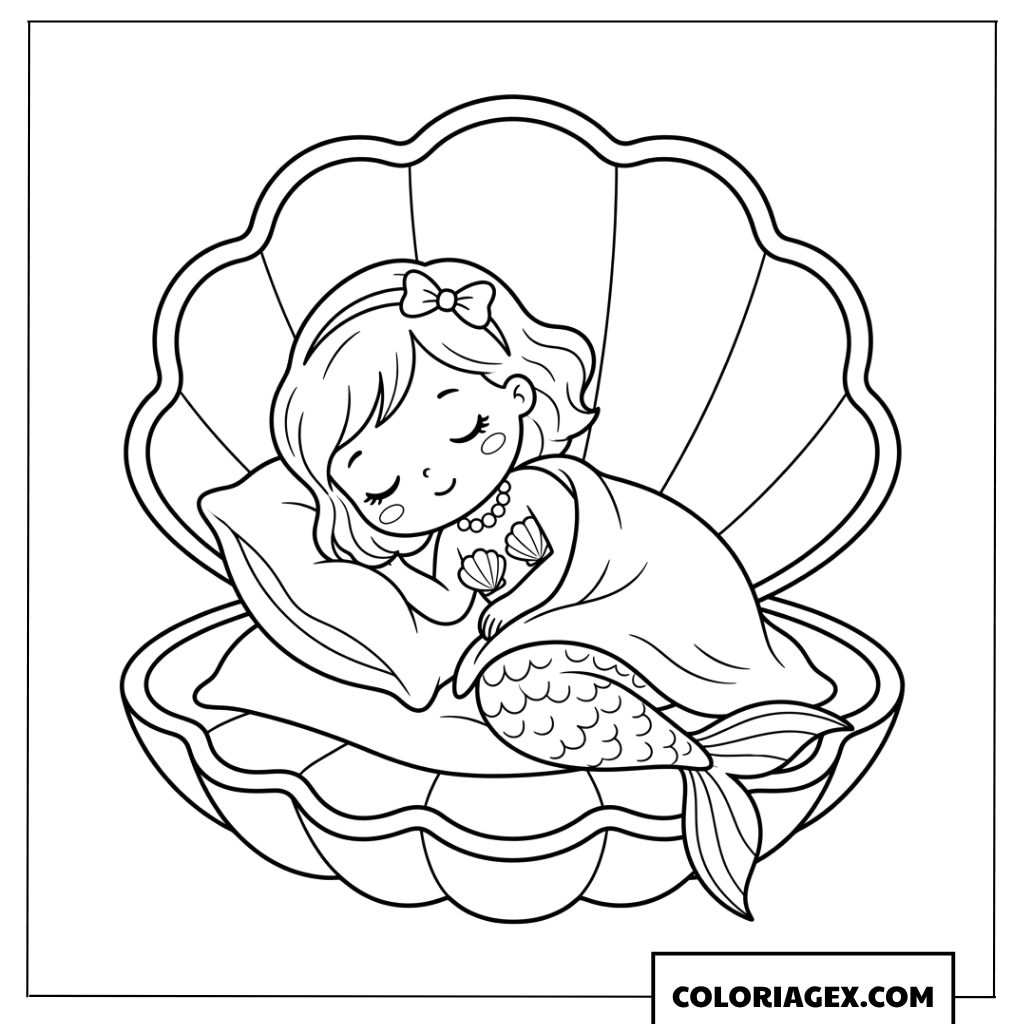Coloriage d une bebe sirene dormant paisiblement dans un coquillage