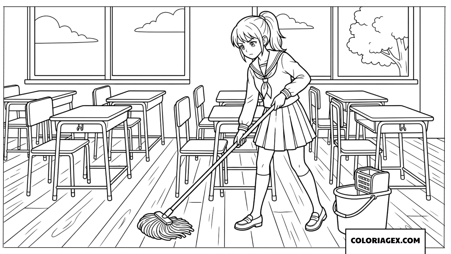 Coloriage d une eleve serieuse nettoyant sa classe
