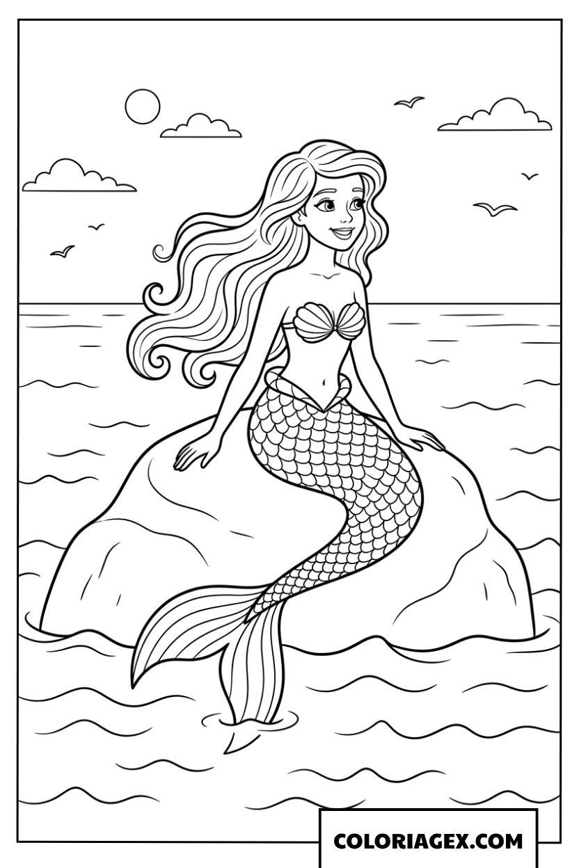 Coloriage d une jolie sirene assise sur un rocher au milieu de l ocean