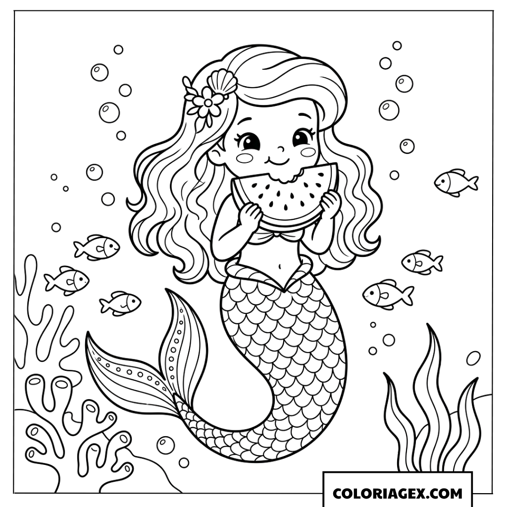 Coloriage d une joyeuse petite sirene mangeant de la pasteque