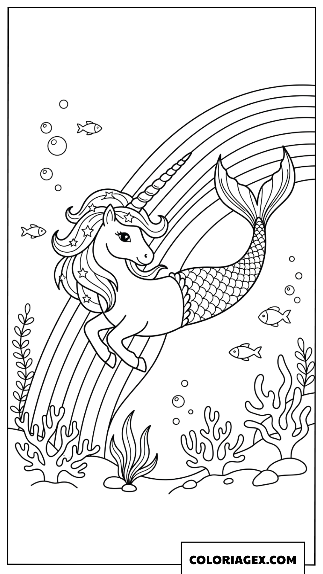 Coloriage d une licorne sirene nageant sous un arc en ciel marin