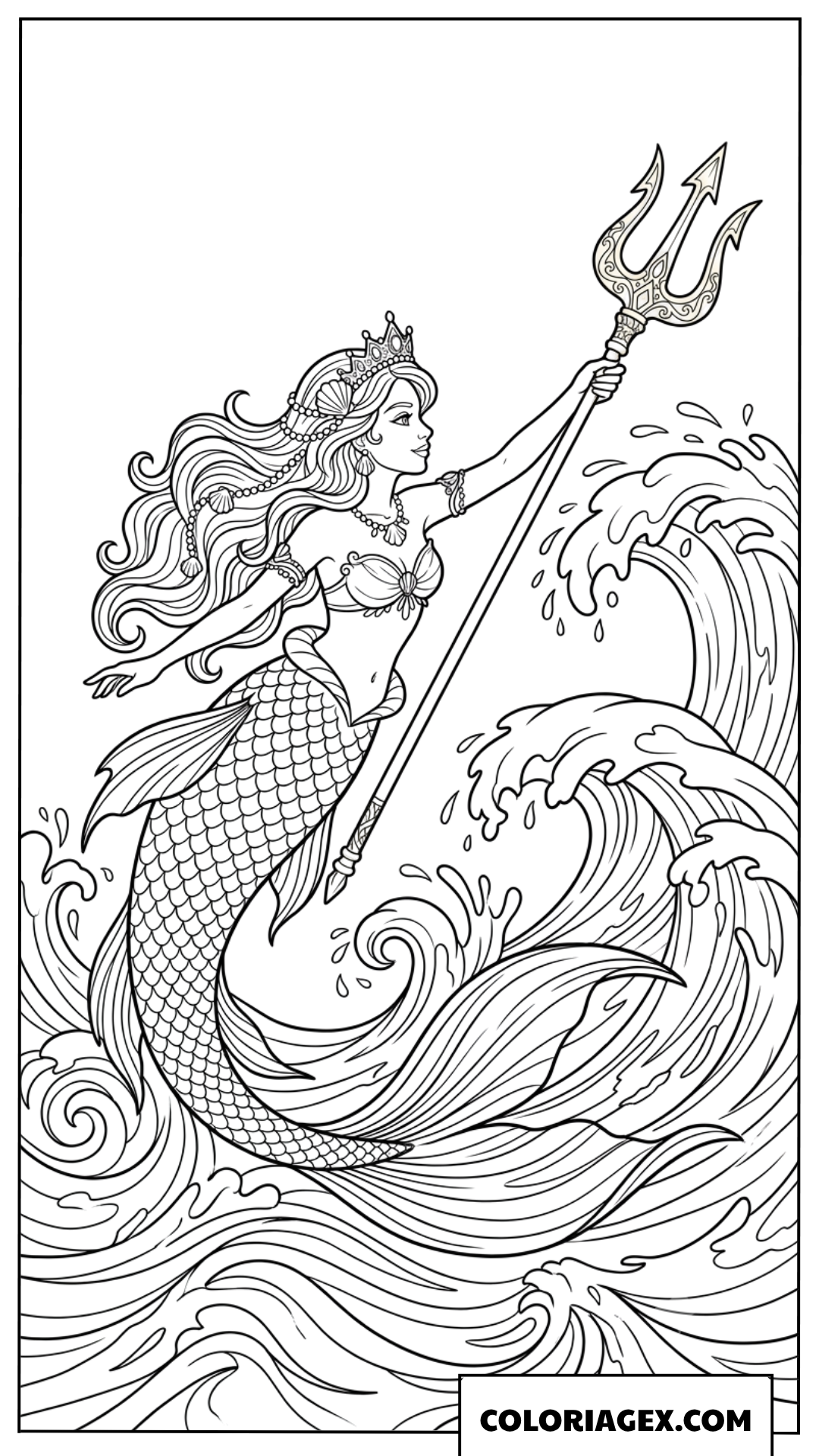 Coloriage d une puissante princesse sirene tenant un trident magique