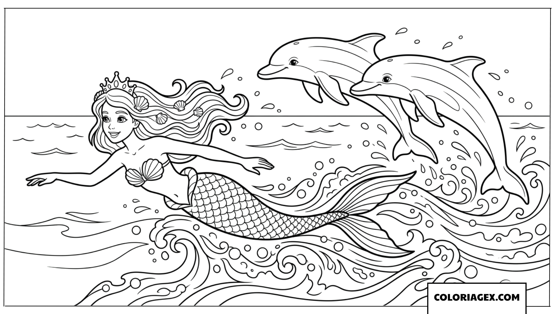 Coloriage d une sirene couronnee faisant la course avec des dauphins