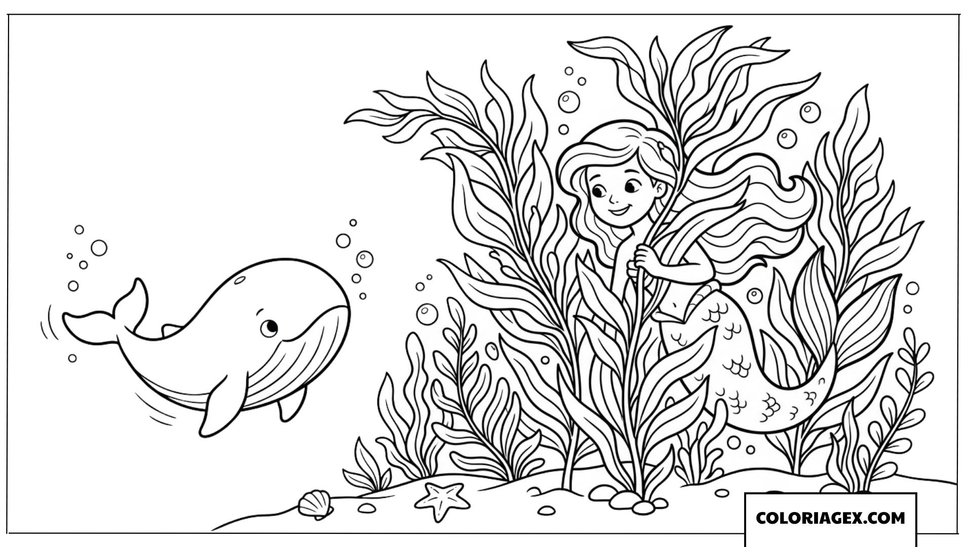 Coloriage d une sirene jouant a cache cache avec une petite baleine