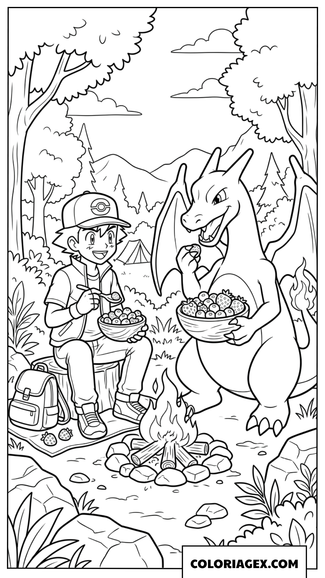 Coloriage de Ash et Charizard en pique nique