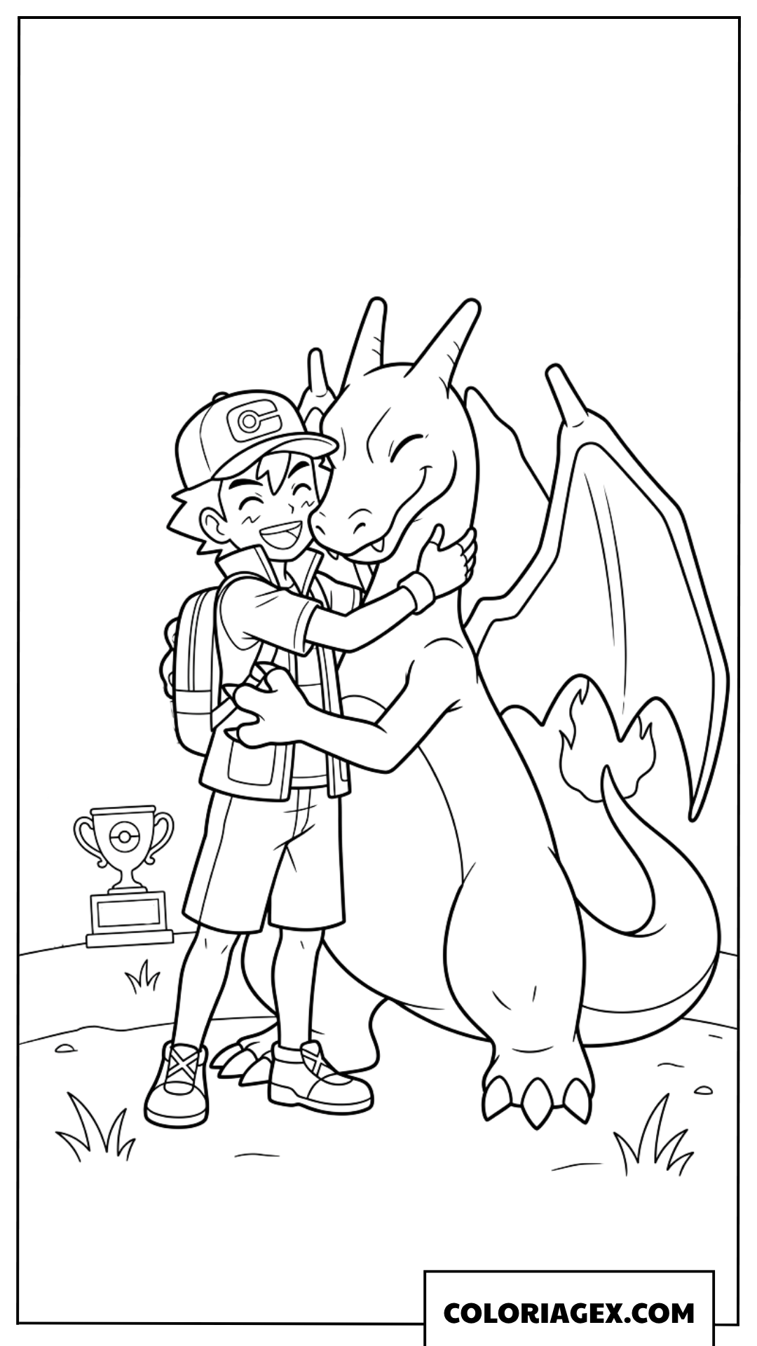 Coloriage de Ash et Charizard fêtant la victoire