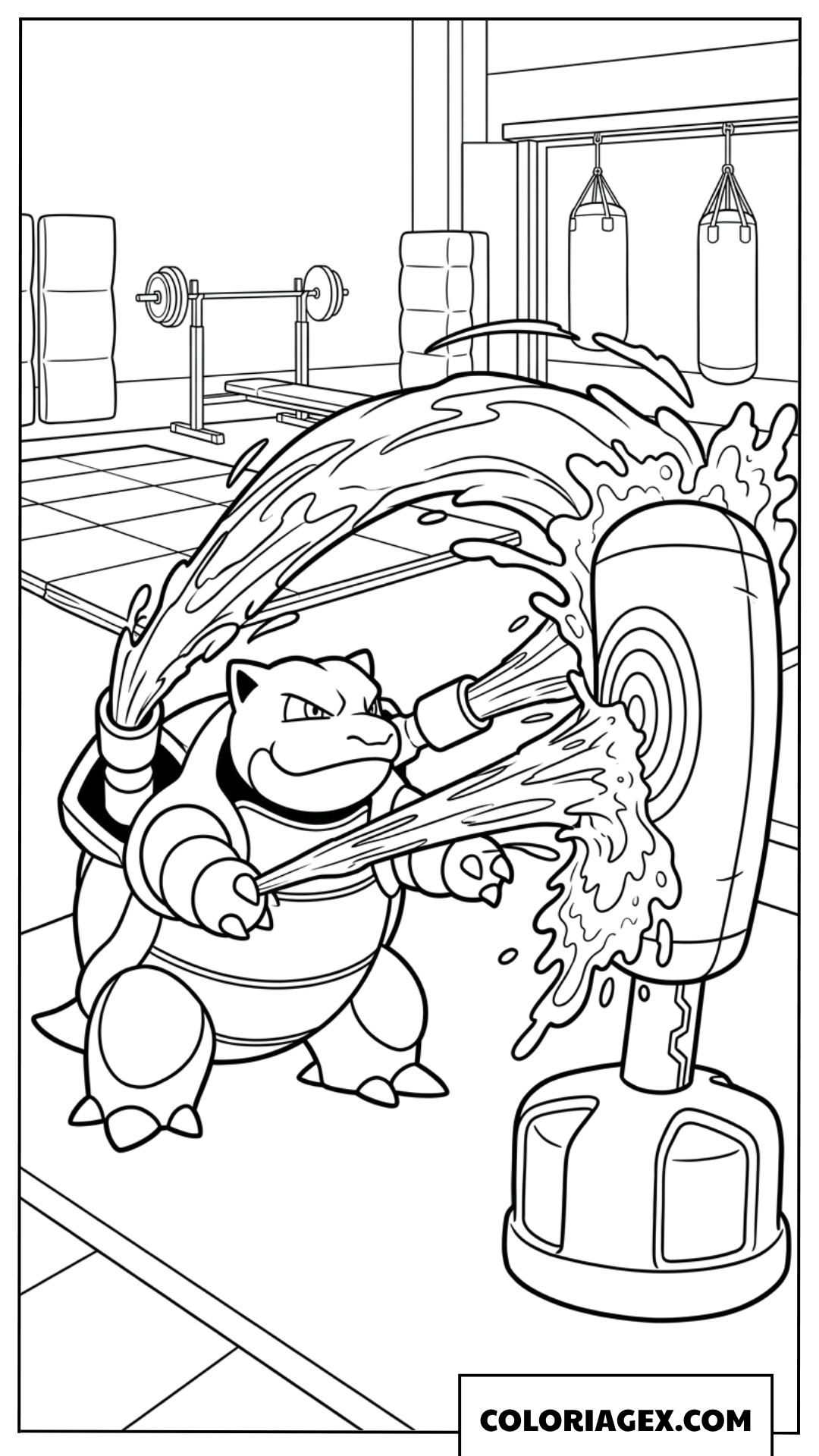Coloriage de Blastoise utilisant ses canons à eau pour s'entraîner