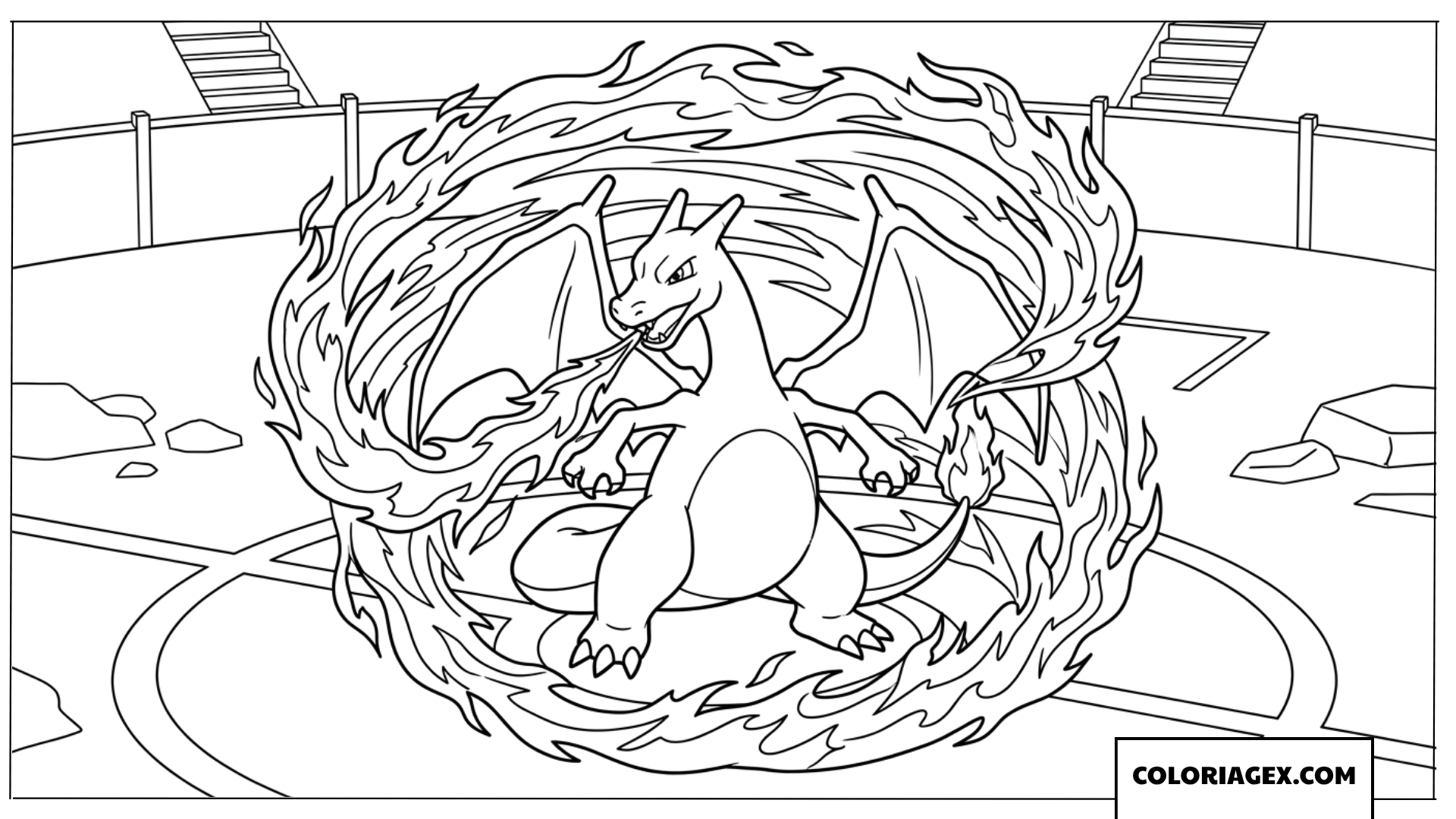 Coloriage de Charizard entoure d un cercle de feu