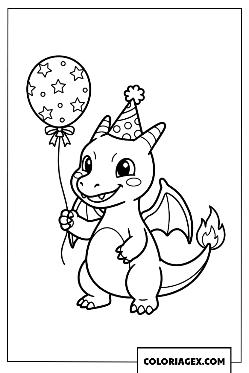 Coloriage de Charizard mignon celebrant un anniversaire