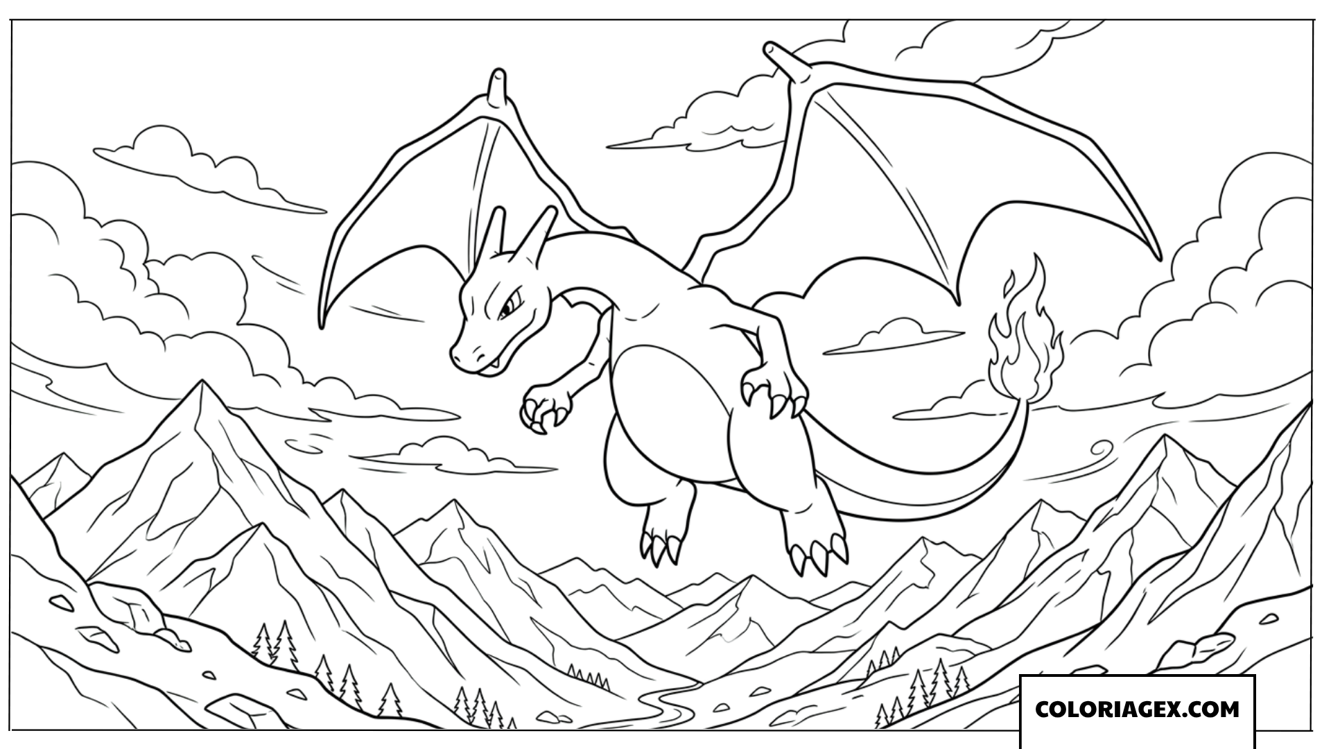 Coloriage de Charizard volant au dessus des hautes montagnes