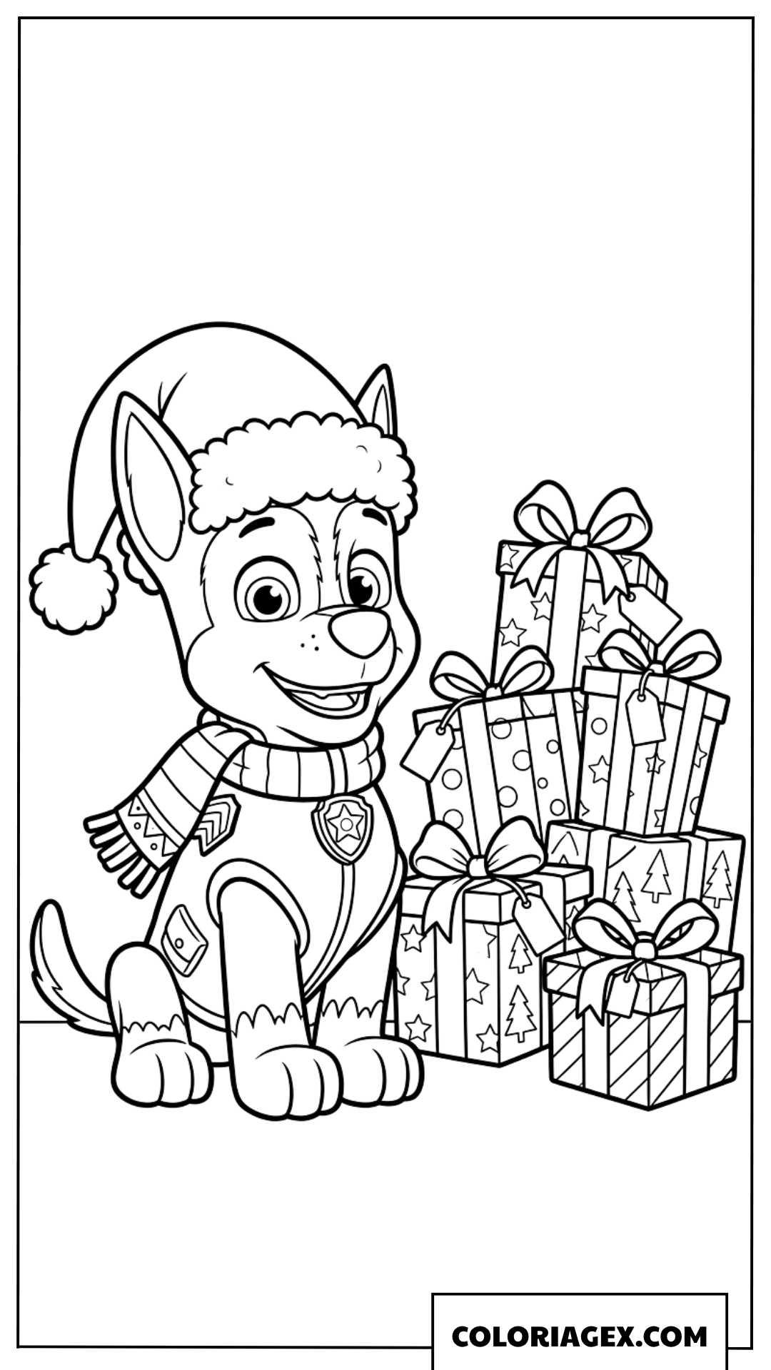 Coloriage de Chase Paw Patrol avec bonnet de Noël et cadeaux