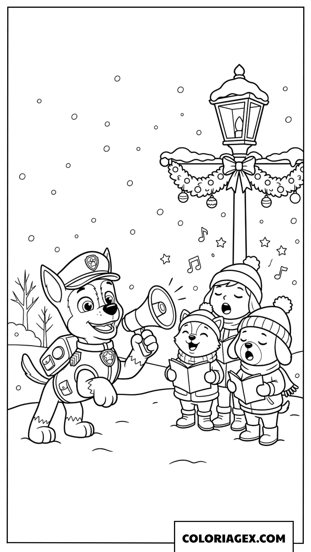 Coloriage de Chase Paw Patrol dirigeant des enfants chantant