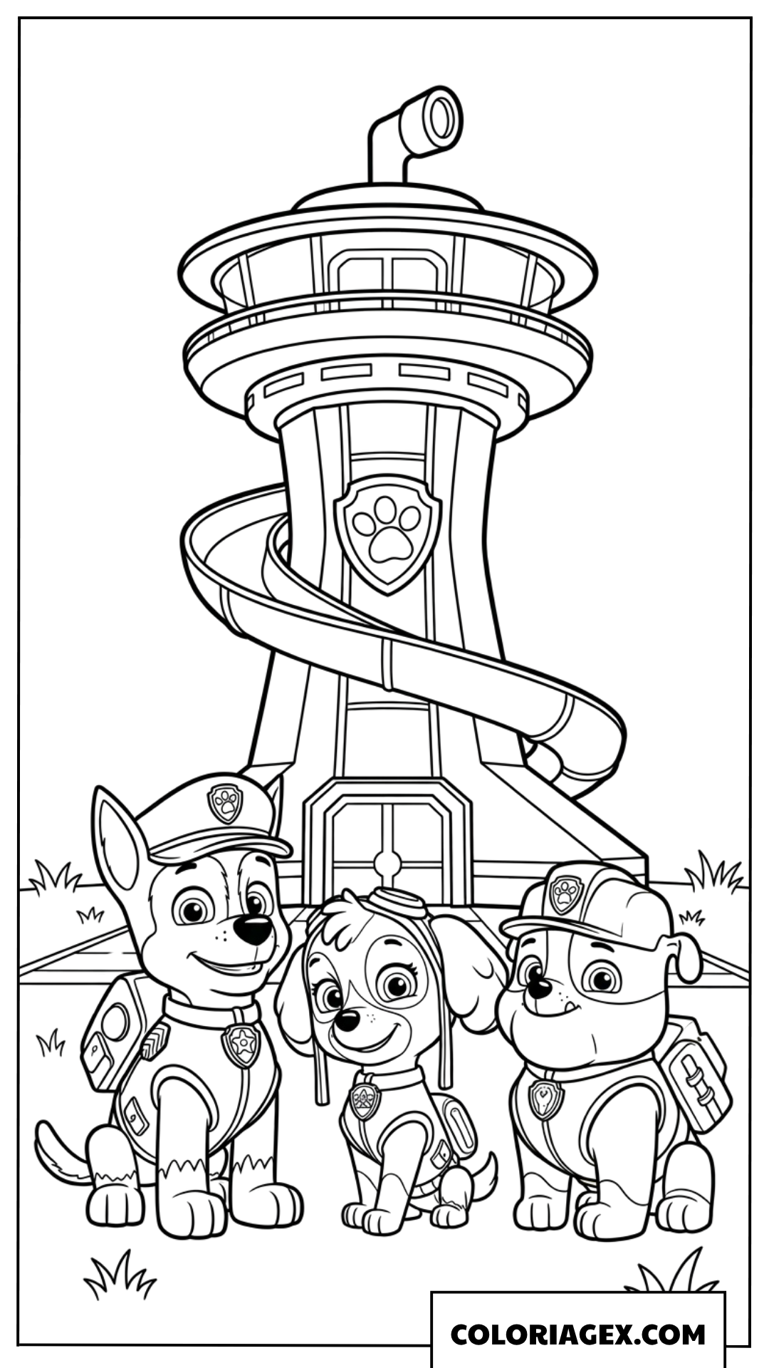 Coloriage de Chase, Skye et Rubble devant la tour de guet