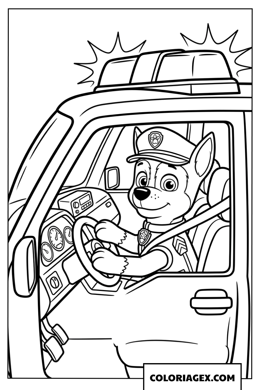 Coloriage de Chase assis dans le cockpit conduisant la voiture de police