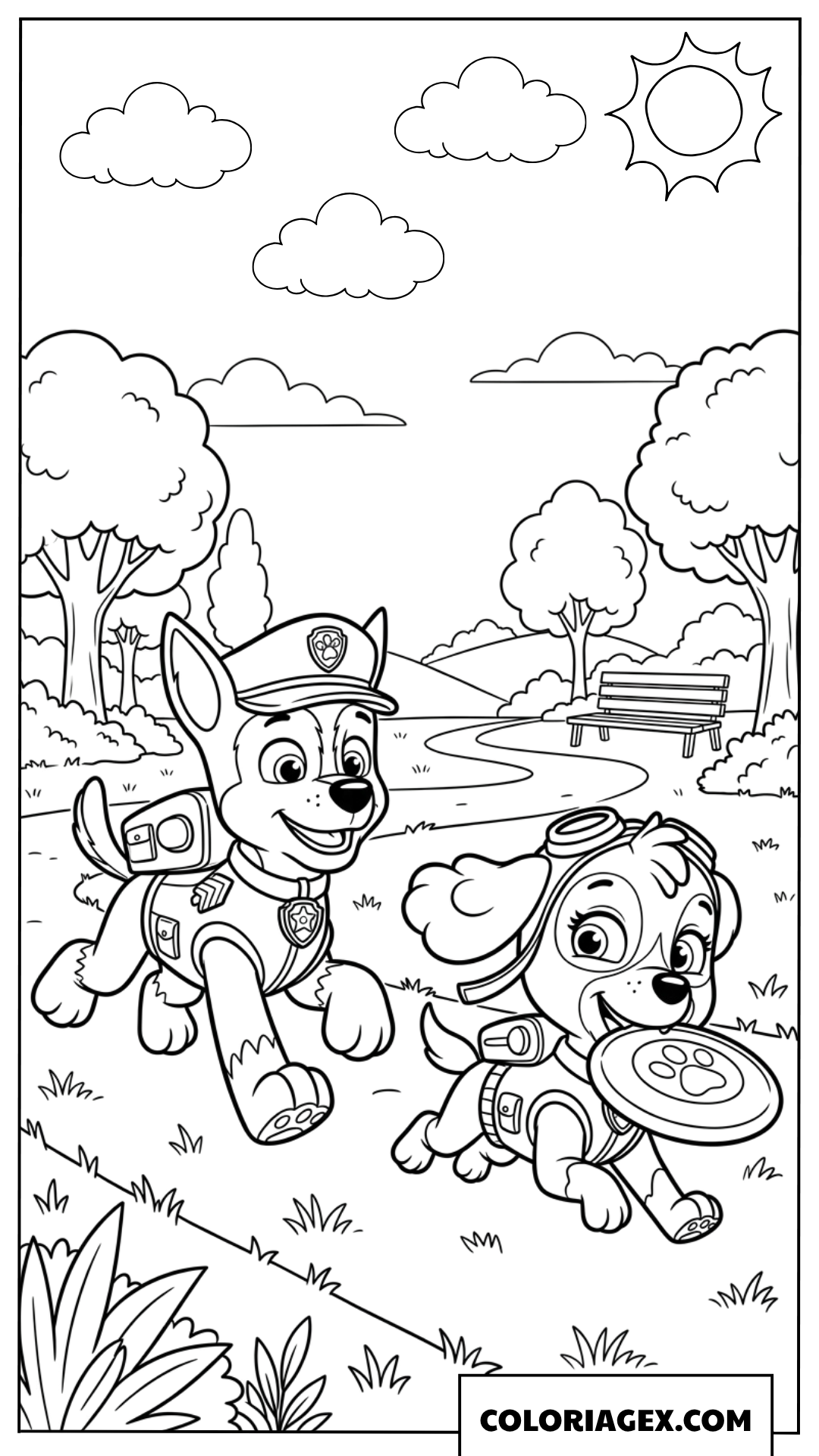 Coloriage de Chase et Skye jouant ensemble dans le parc